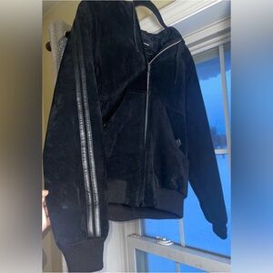 Black Suede Zip Up Bomber Jacket Pig Seude Leather Striped Size 2 Confort Absolu